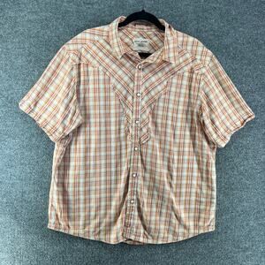 DKNY Shirt Mens XL Orange Short Sleeve Plaid Flannel Pearl Snap Western Cowboy